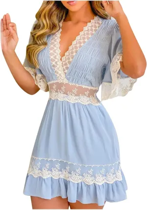 Women's Summer Crochet Lace V Neck A Line Mini Dress Casual Ruffle Sleeve Short Swing Sundress Flowy Skater Dresses