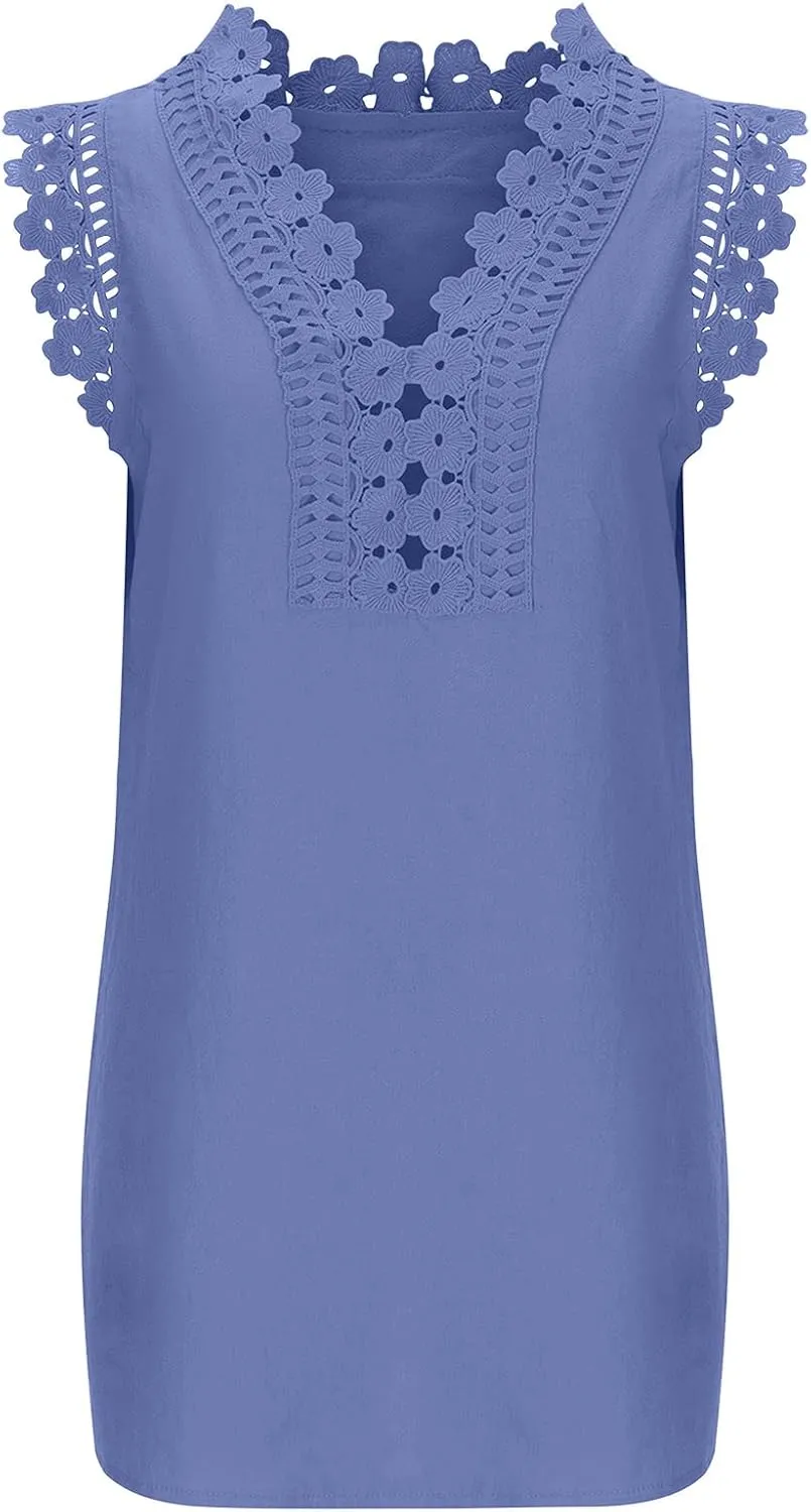Womens Summer Dress Crochet Lace Sleeveless Ruffle Sleeve V Neck Mini Dress Casual Loose Tank Dresses Flowy Sundress