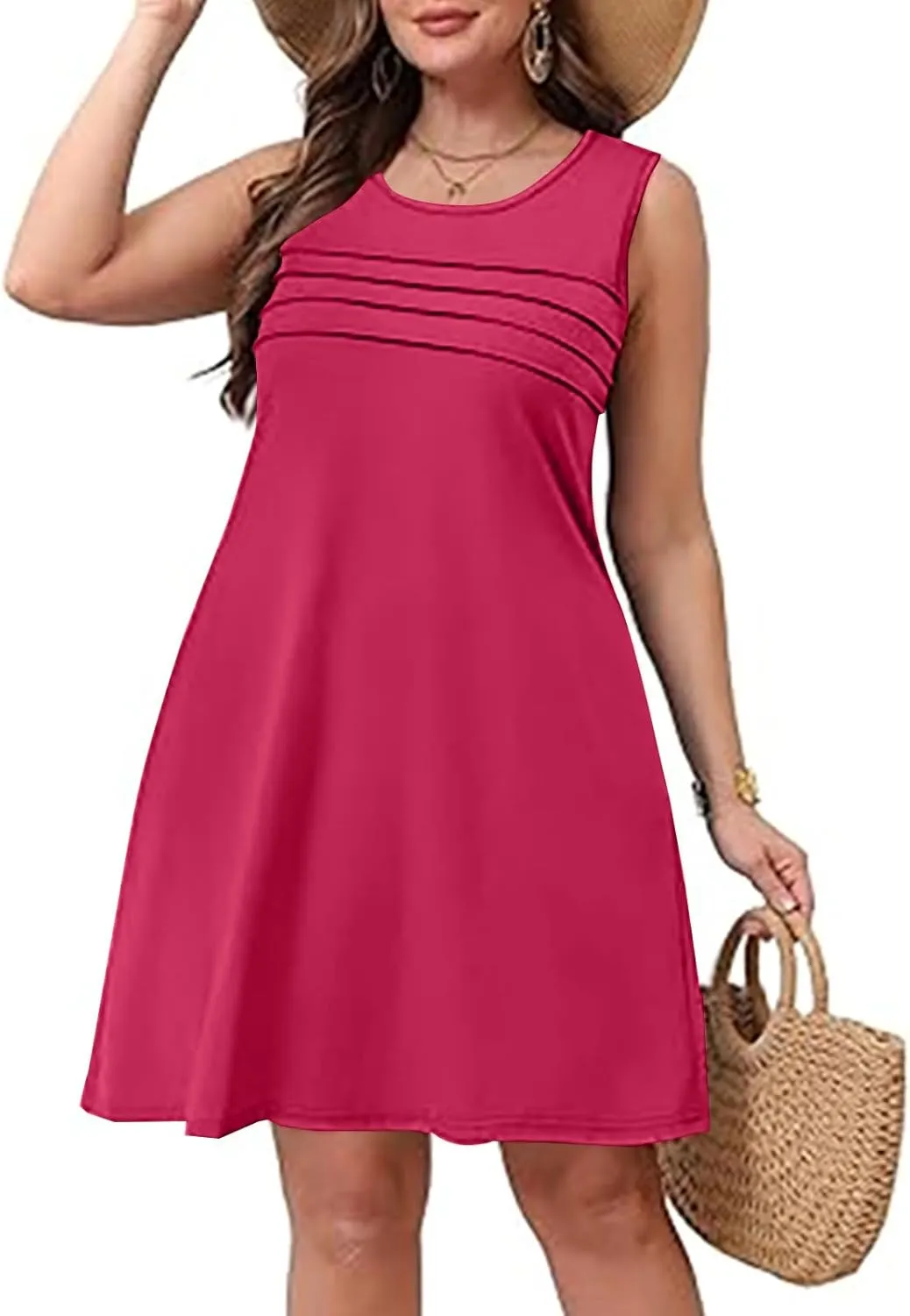 Womens Summer Dresses Casual Sleeveless Fashion Solid Color Dress Loose Fit Pleated Vacation Beach Sundress