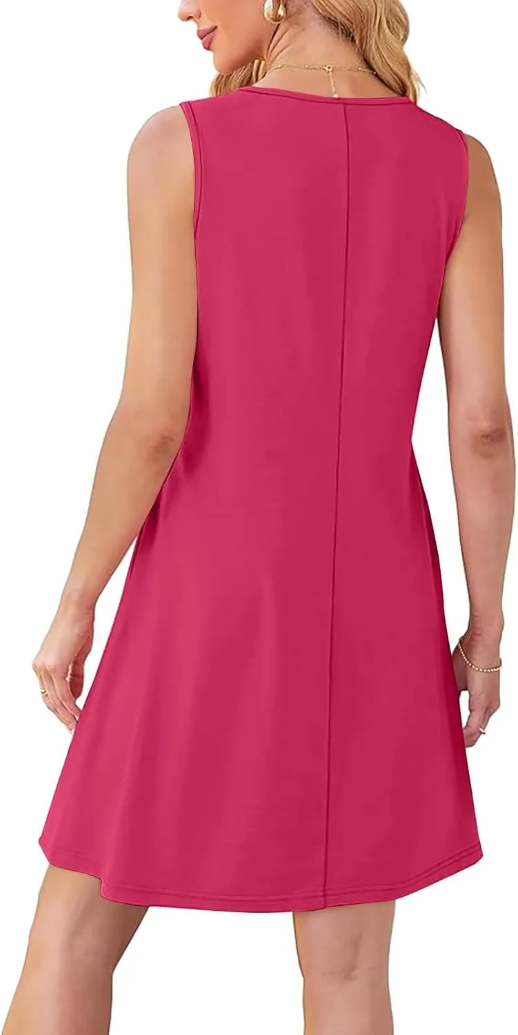 Womens Summer Dresses Casual Sleeveless Fashion Solid Color Dress Loose Fit Pleated Vacation Beach Sundress