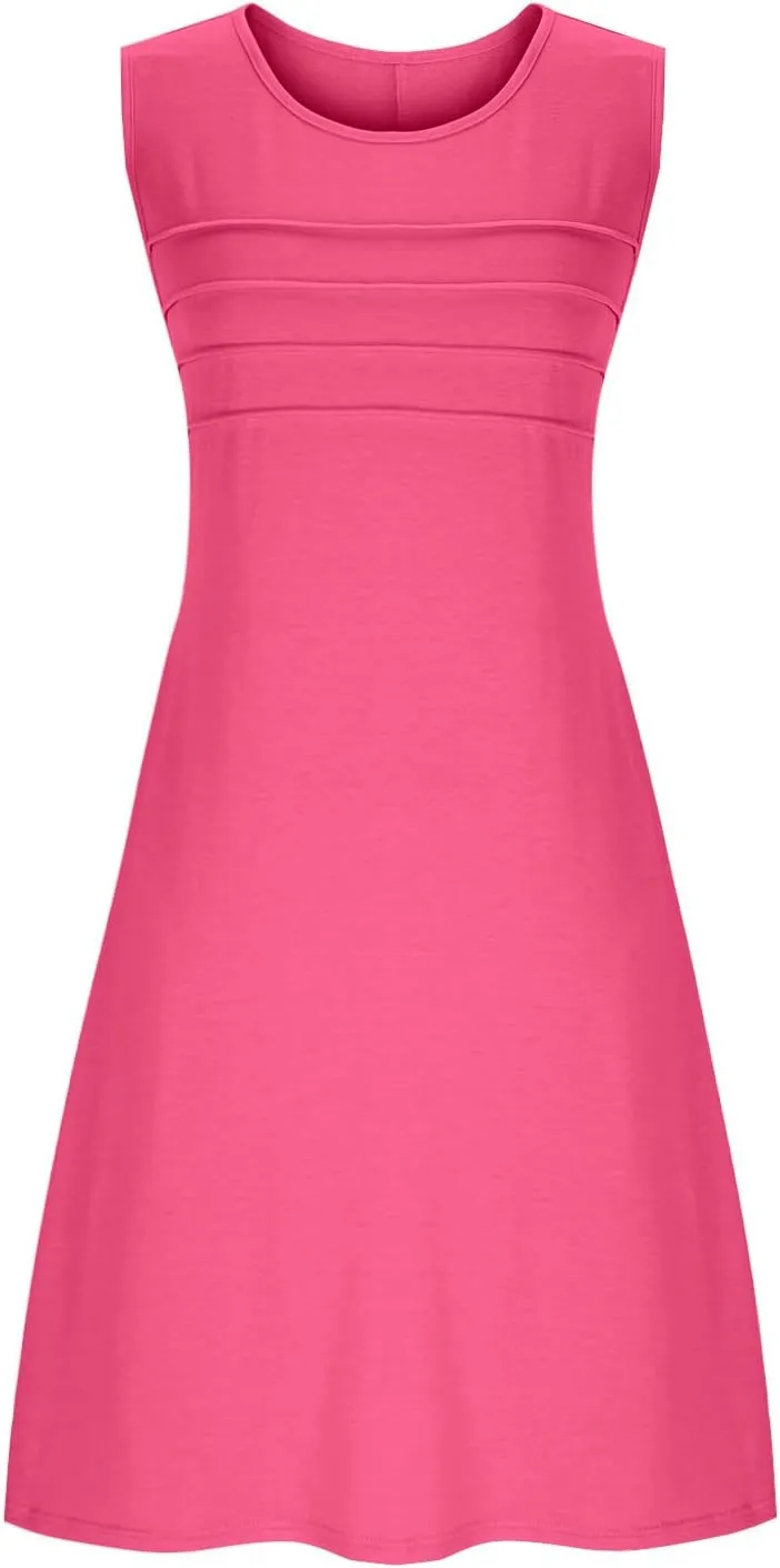 Womens Summer Dresses Casual Sleeveless Fashion Solid Color Dress Loose Fit Pleated Vacation Beach Sundress