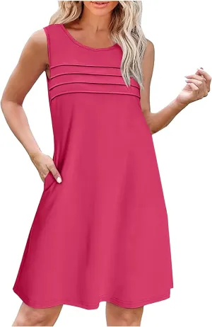 Womens Summer Dresses Casual Sleeveless Fashion Solid Color Dress Loose Fit Pleated Vacation Beach Sundress