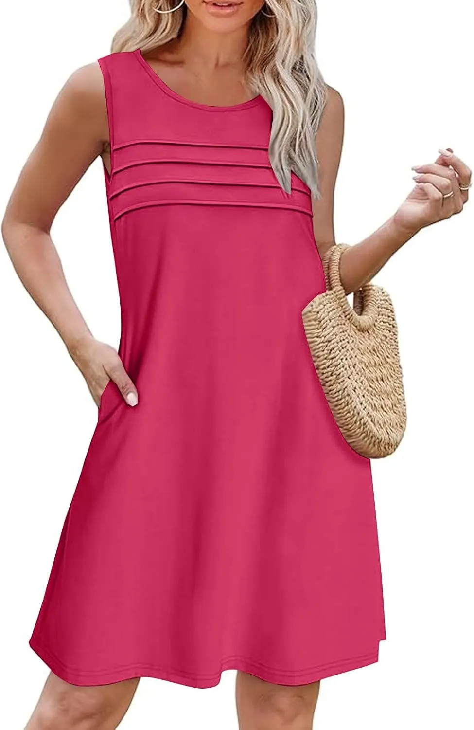 Womens Summer Dresses Casual Sleeveless Fashion Solid Color Dress Loose Fit Pleated Vacation Beach Sundress