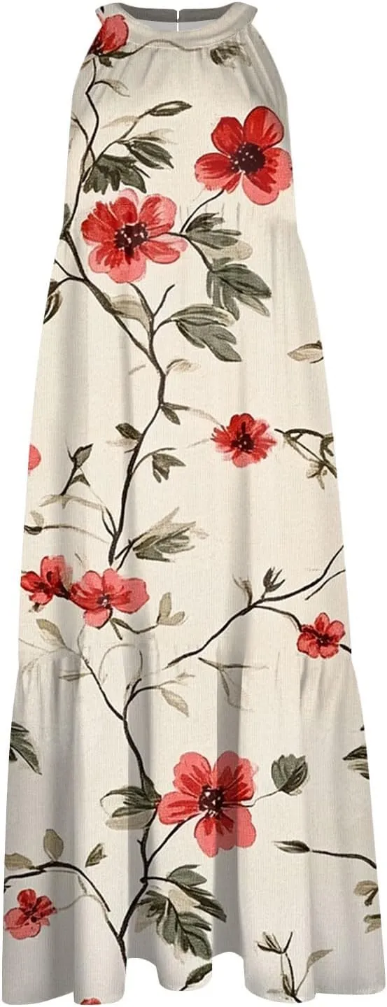 Womens Summer Dresses Hanging Neck Floral Print Midi Dresses Splicing Sleeveless Sundresses Casual Beach Dress