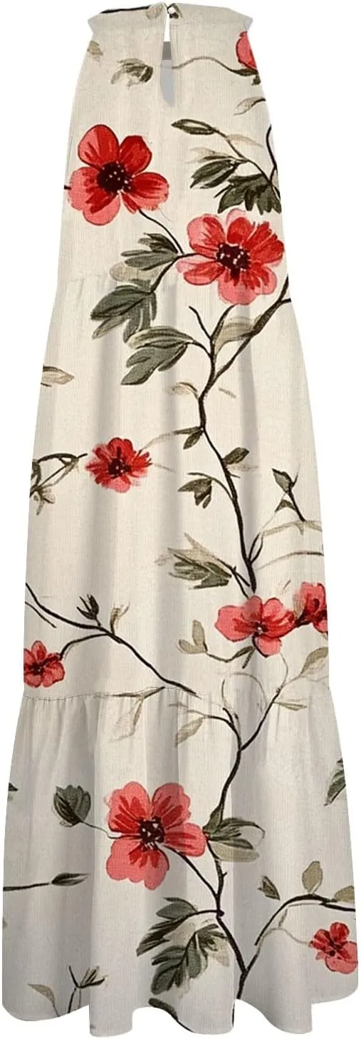Womens Summer Dresses Hanging Neck Floral Print Midi Dresses Splicing Sleeveless Sundresses Casual Beach Dress