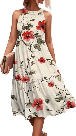 Womens Summer Dresses Hanging Neck Floral Print Midi Dresses Splicing Sleeveless Sundresses Casual Beach Dress