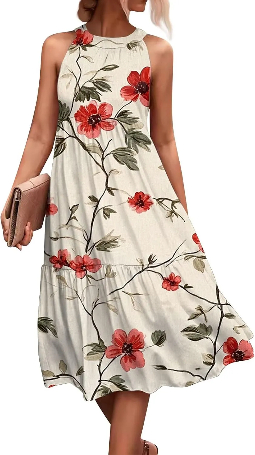 Womens Summer Dresses Hanging Neck Floral Print Midi Dresses Splicing Sleeveless Sundresses Casual Beach Dress