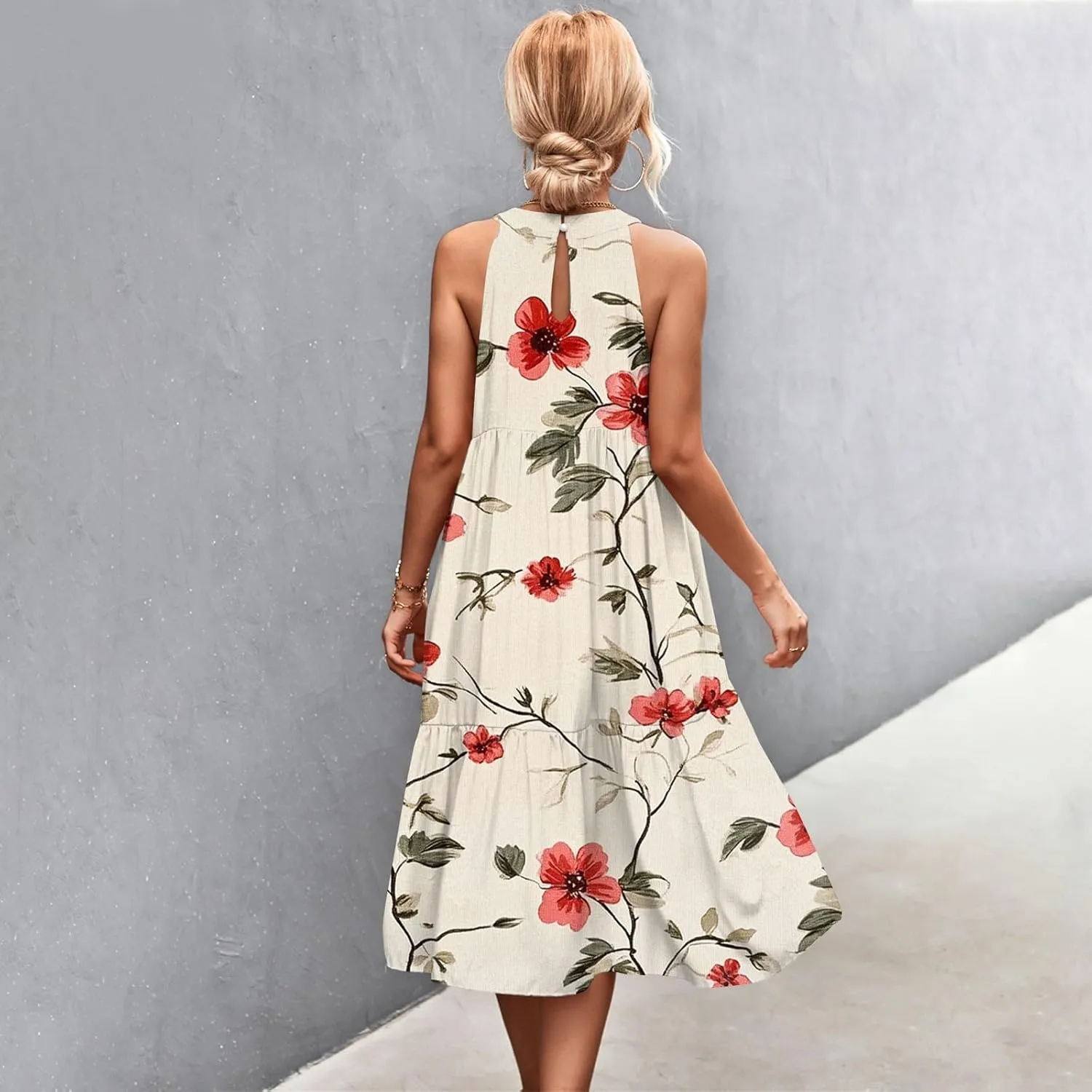 Womens Summer Dresses Hanging Neck Floral Print Midi Dresses Splicing Sleeveless Sundresses Casual Beach Dress