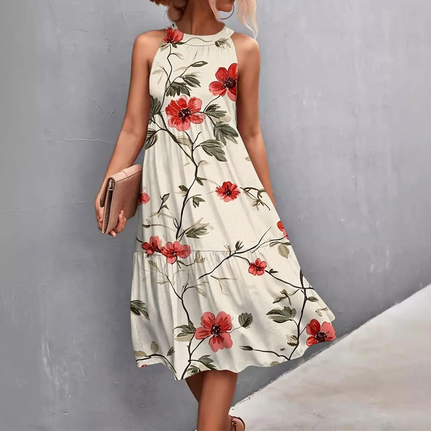 Womens Summer Dresses Hanging Neck Floral Print Midi Dresses Splicing Sleeveless Sundresses Casual Beach Dress