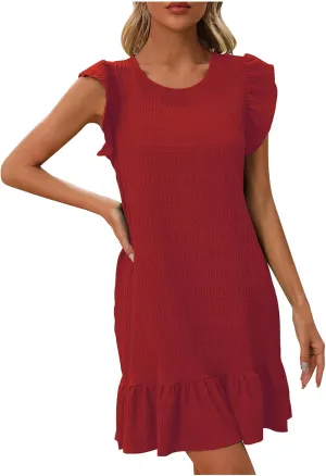 Women's Summer Dresses Round Neck Flutter Sleeveless Tank Dress Solid Color Flowy Ruffle Hem Mini Babydoll Dresses