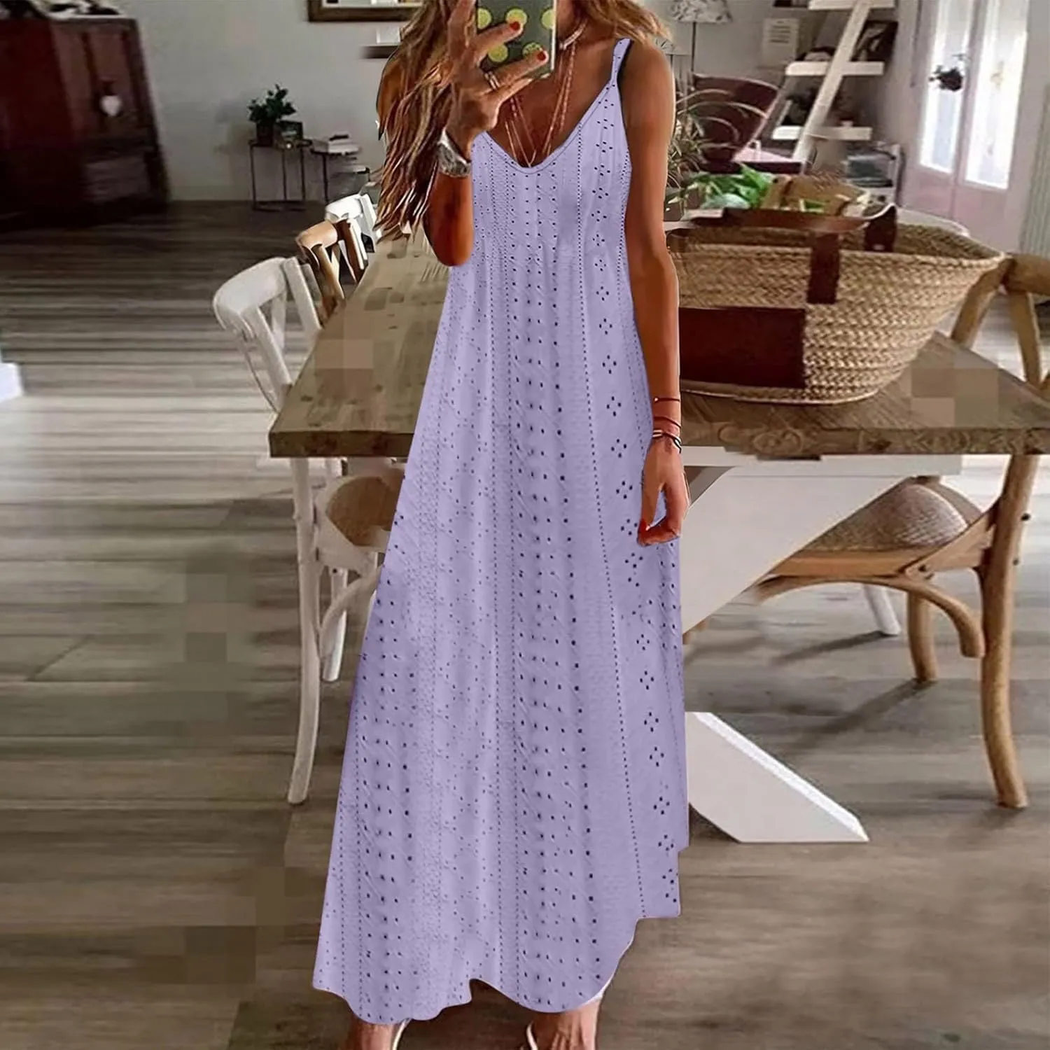 Womens Summer Dresses Spaghetti Strap V-neck Sexy Boho Sundress Hollow Out Trendy Beach Vacation Flowy Maxi Dresses