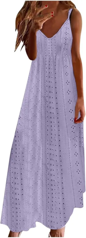 Womens Summer Dresses Spaghetti Strap V-neck Sexy Boho Sundress Hollow Out Trendy Beach Vacation Flowy Maxi Dresses