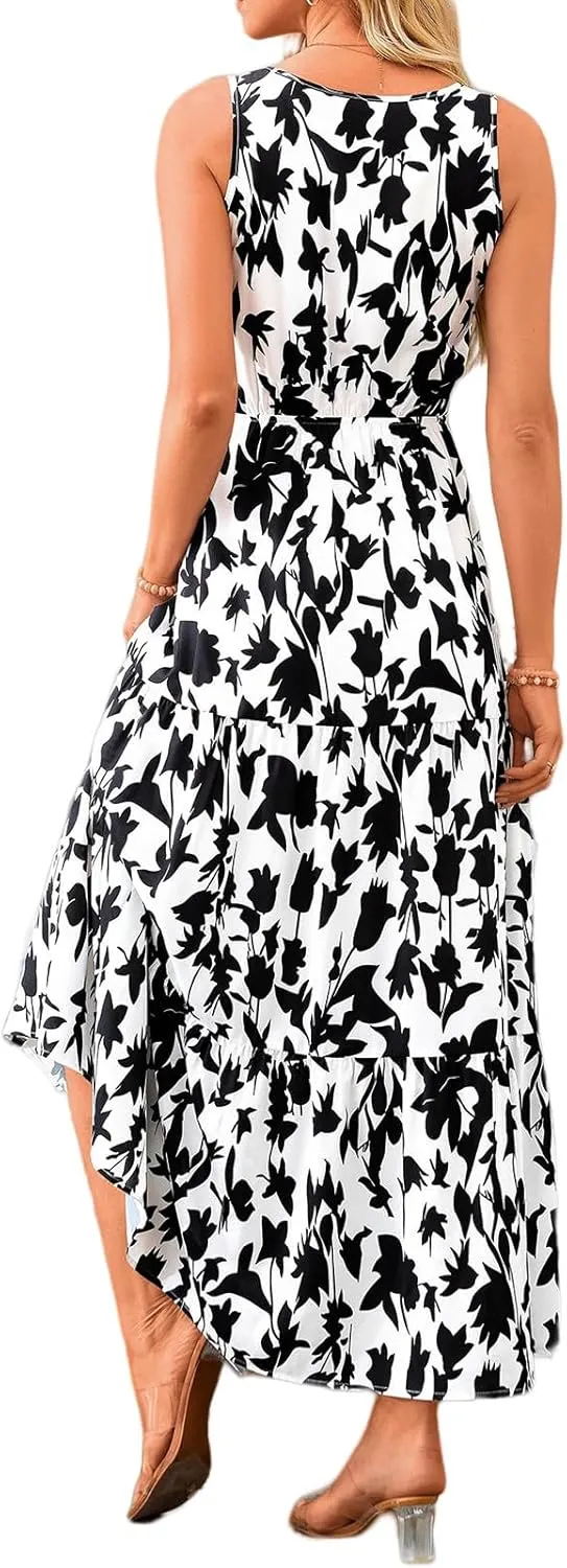 Womens Summer Maxi Dress Casual Flowy Sleeveless Sundress Boho Floral V Neck Long Dresses Beach Long Dress