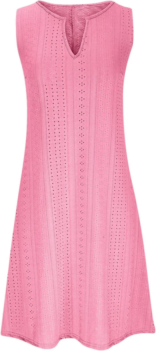 Women's Summer Sleeveless Dress V Neck Casual Loose Fit Sundress Lace Hollow Out A-Line Flowy Beach Dresses