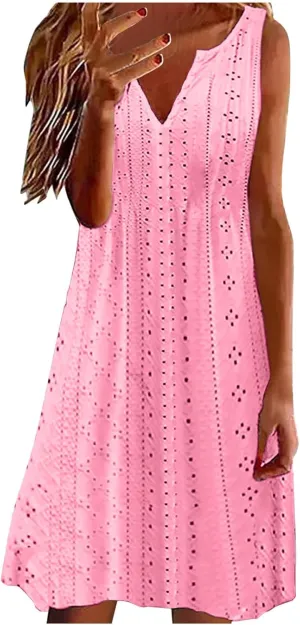 Women's Summer Sleeveless Dress V Neck Casual Loose Fit Sundress Lace Hollow Out A-Line Flowy Beach Dresses