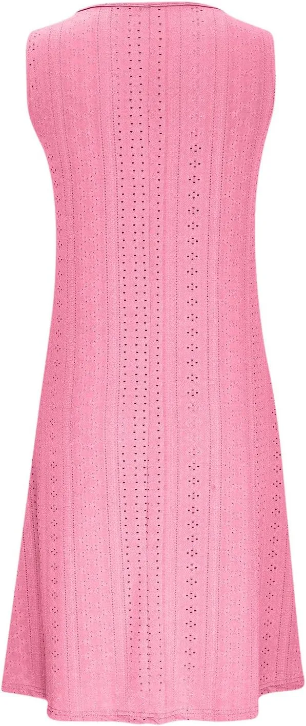 Women's Summer Sleeveless Dress V Neck Casual Loose Fit Sundress Lace Hollow Out A-Line Flowy Beach Dresses