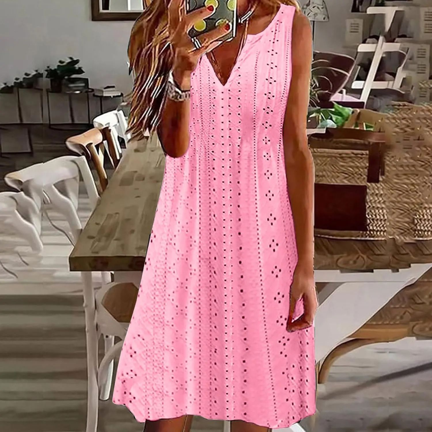 Women's Summer Sleeveless Dress V Neck Casual Loose Fit Sundress Lace Hollow Out A-Line Flowy Beach Dresses