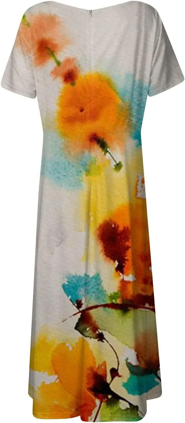 Womens Summer Wrap Maxi Dress Boho Floral V Neck Short Sleeve Long Dress Cute Ruffle Hem High Waist A-Line Dress