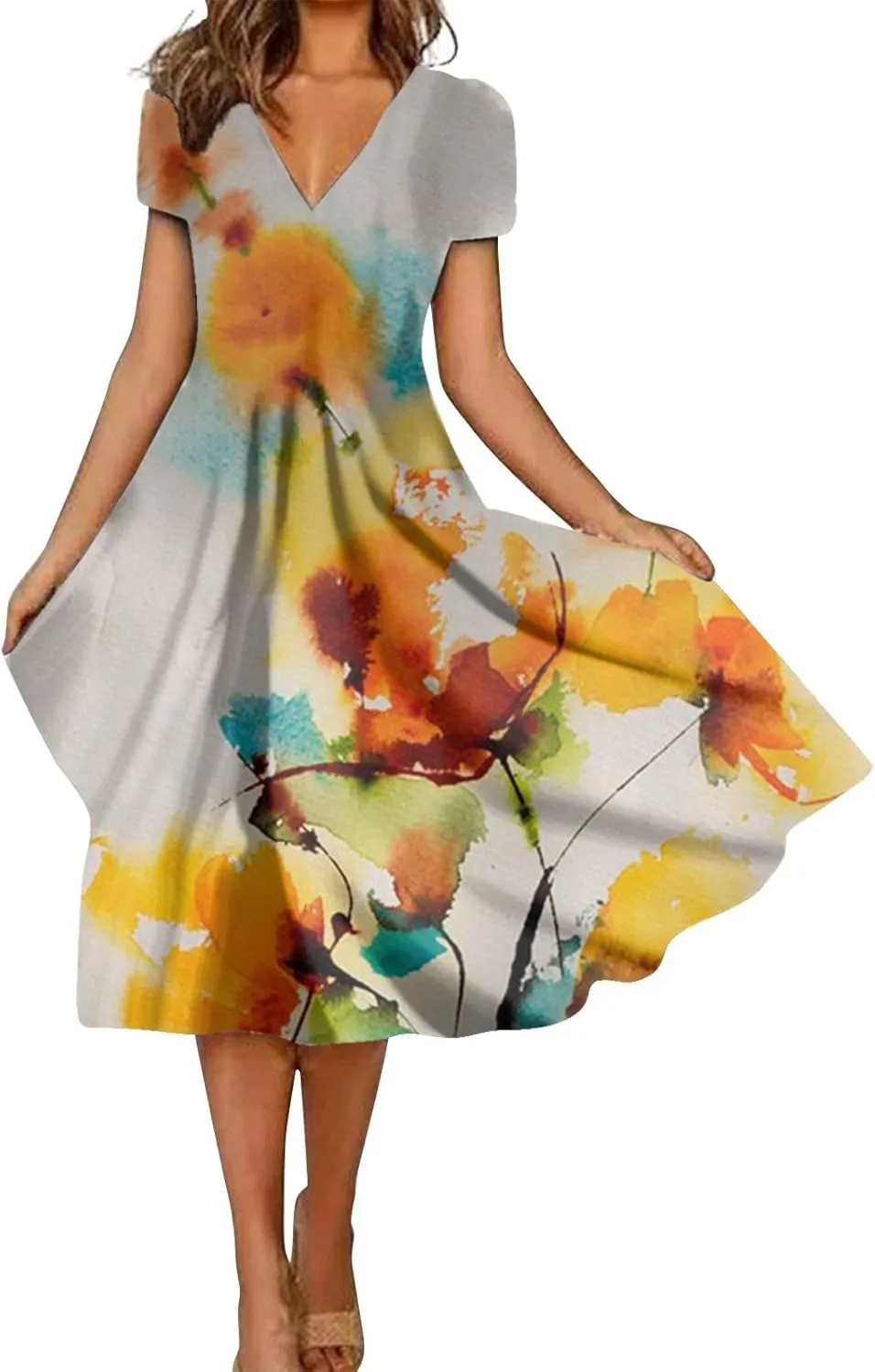 Womens Summer Wrap Maxi Dress Boho Floral V Neck Short Sleeve Long Dress Cute Ruffle Hem High Waist A-Line Dress