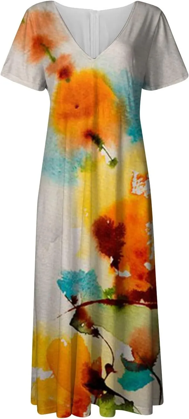 Womens Summer Wrap Maxi Dress Boho Floral V Neck Short Sleeve Long Dress Cute Ruffle Hem High Waist A-Line Dress
