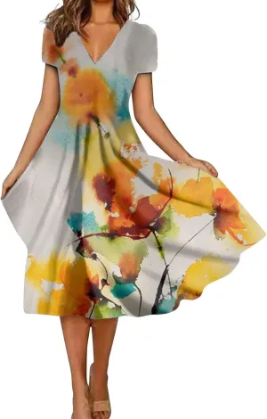 Womens Summer Wrap Maxi Dress Boho Floral V Neck Short Sleeve Long Dress Cute Ruffle Hem High Waist A-Line Dress