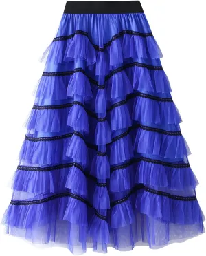 Women's Tulle Skirt Mesh Elastic High Waist Layered Pleated Skirt Floral Print A-Line Midi Party Casual Flowy Tutu Skirt