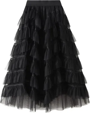 Women's Tulle Skirt Mesh Elastic High Waist Layered Pleated Skirt Floral Print A-Line Midi Party Casual Flowy Tutu Skirt
