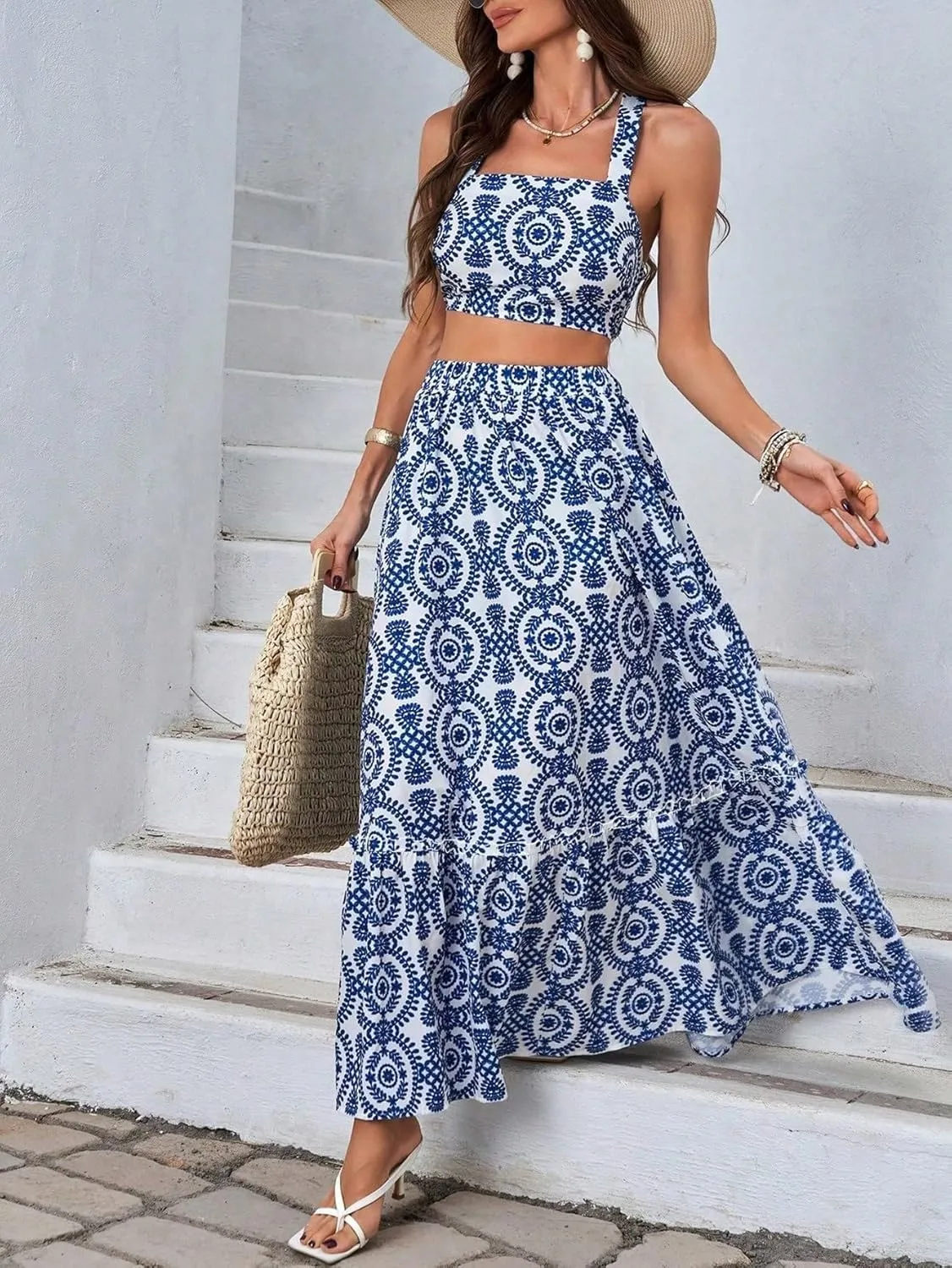 womens two piece outfits summer Embroidery Camisole Vest And Skirt Set