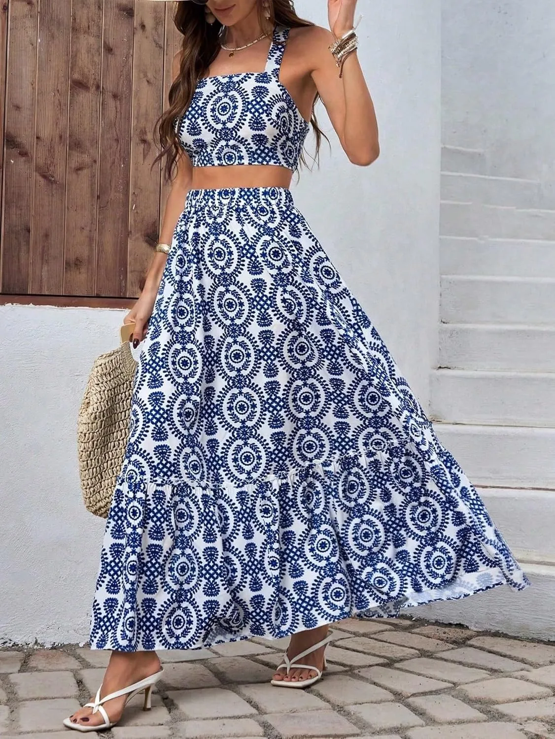womens two piece outfits summer Embroidery Camisole Vest And Skirt Set