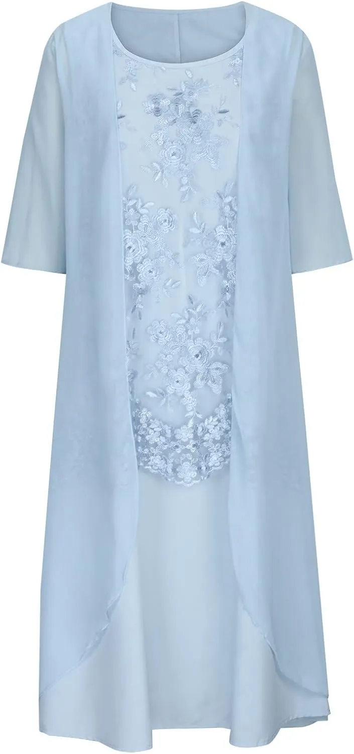 Womens Two-Piece Set Floral Embroidered Midi Dress with Chiffon Cardigan Sleeveless Plus Size Wedding Guest Dresses