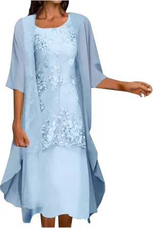 Womens Two-Piece Set Floral Embroidered Midi Dress with Chiffon Cardigan Sleeveless Plus Size Wedding Guest Dresses