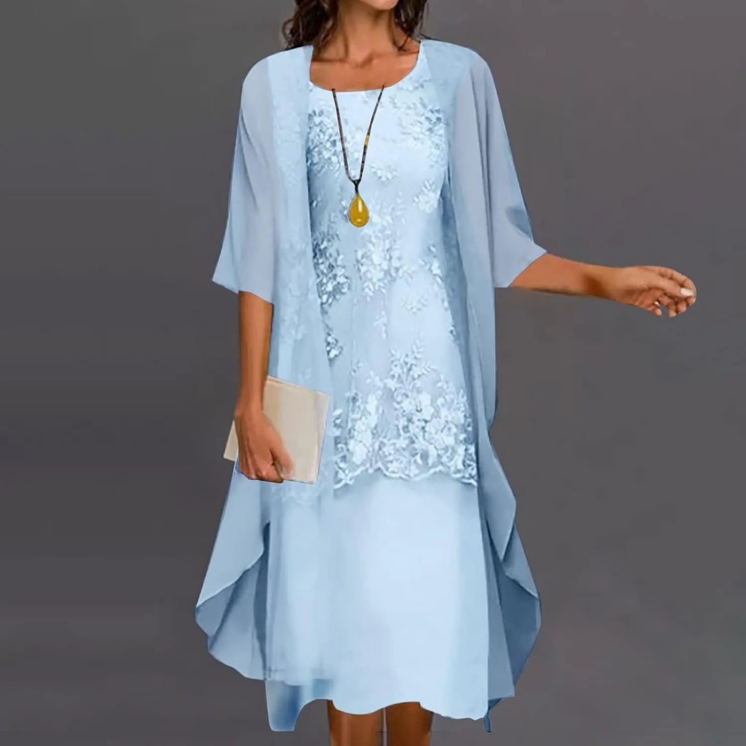 Womens Two-Piece Set Floral Embroidered Midi Dress with Chiffon Cardigan Sleeveless Plus Size Wedding Guest Dresses