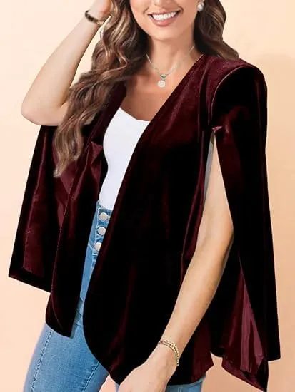 Womens Velvet Cape Blazer Split Sleeve Open Front Casual Jacket Coat Workwear