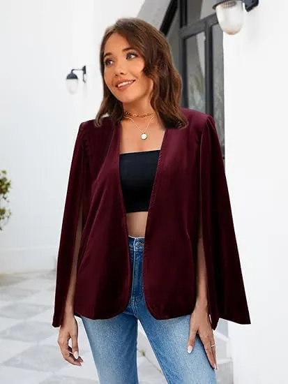 Womens Velvet Cape Blazer Split Sleeve Open Front Casual Jacket Coat Workwear
