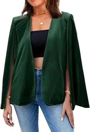 Womens Velvet Cape Blazer Split Sleeve Open Front Casual Jacket Coat Workwear