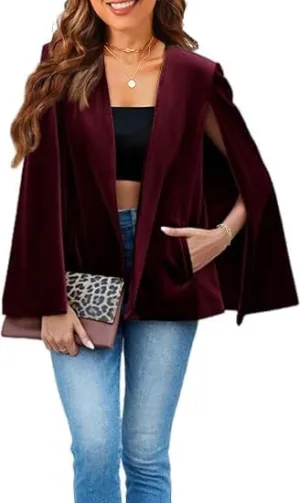 Womens Velvet Cape Blazer Split Sleeve Open Front Casual Jacket Coat Workwear