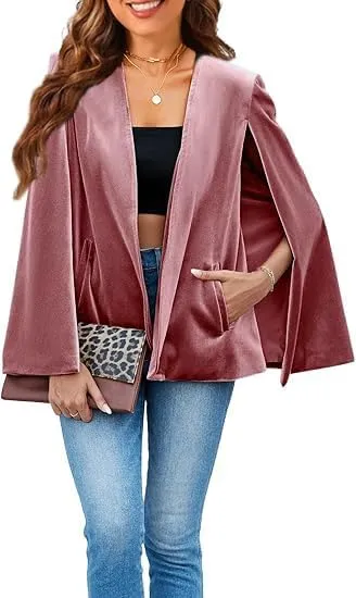 Womens Velvet Cape Blazer Split Sleeve Open Front Casual Jacket Coat Workwear