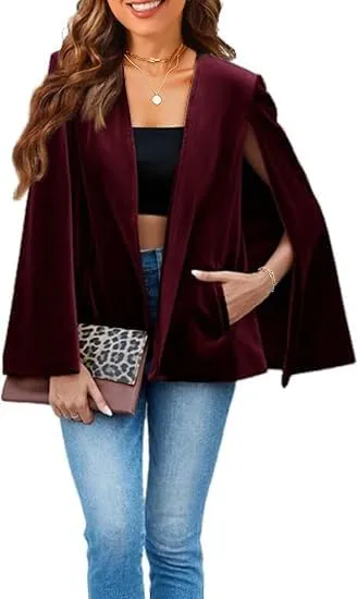 Womens Velvet Cape Blazer Split Sleeve Open Front Casual Jacket Coat Workwear