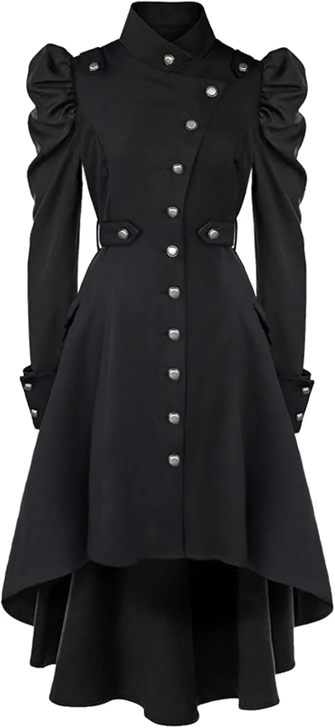 Womens Vintage Steampunk Long Coat Gothic Overcoat Ladies Retro Jacket Windbreaker Long Sleeve Button Down Trench Coat
