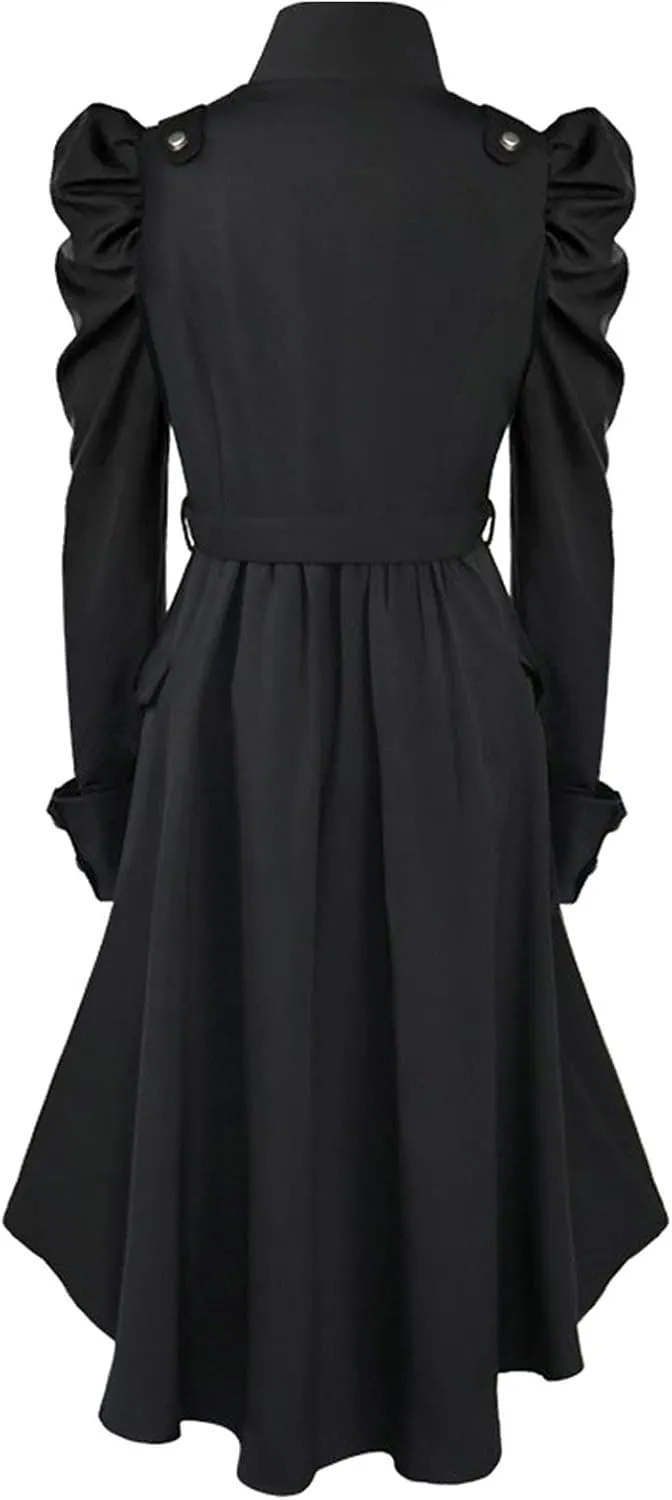 Womens Vintage Steampunk Long Coat Gothic Overcoat Ladies Retro Jacket Windbreaker Long Sleeve Button Down Trench Coat