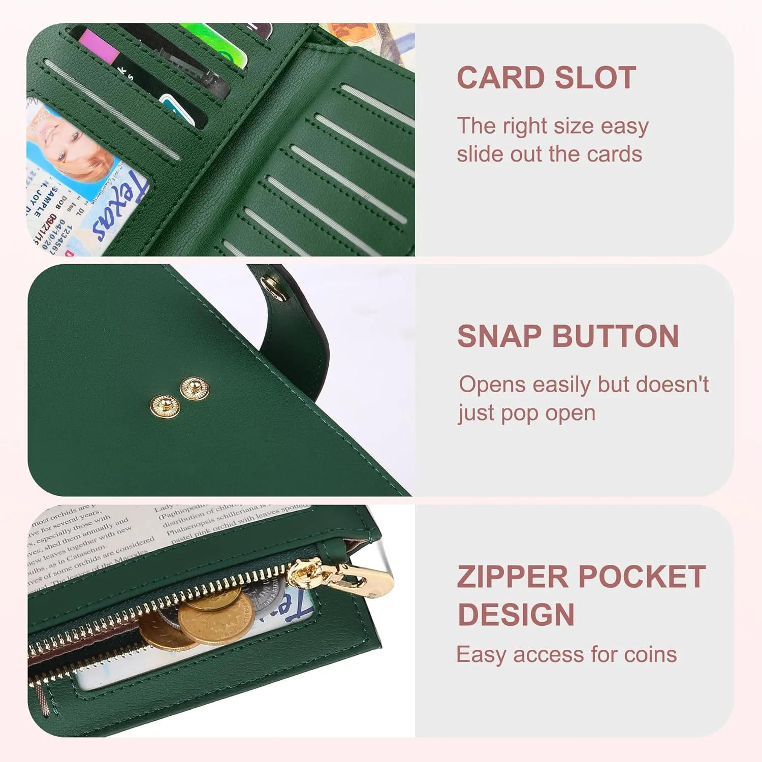 Womens Wallet RFID Blocking Leather Trifold Clutch Wallet Credit Card Holder Ladies Travel Wallet Purse with Pen Holder
