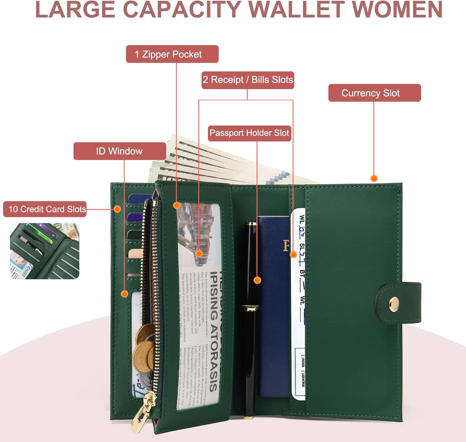 Womens Wallet RFID Blocking Leather Trifold Clutch Wallet Credit Card Holder Ladies Travel Wallet Purse with Pen Holder