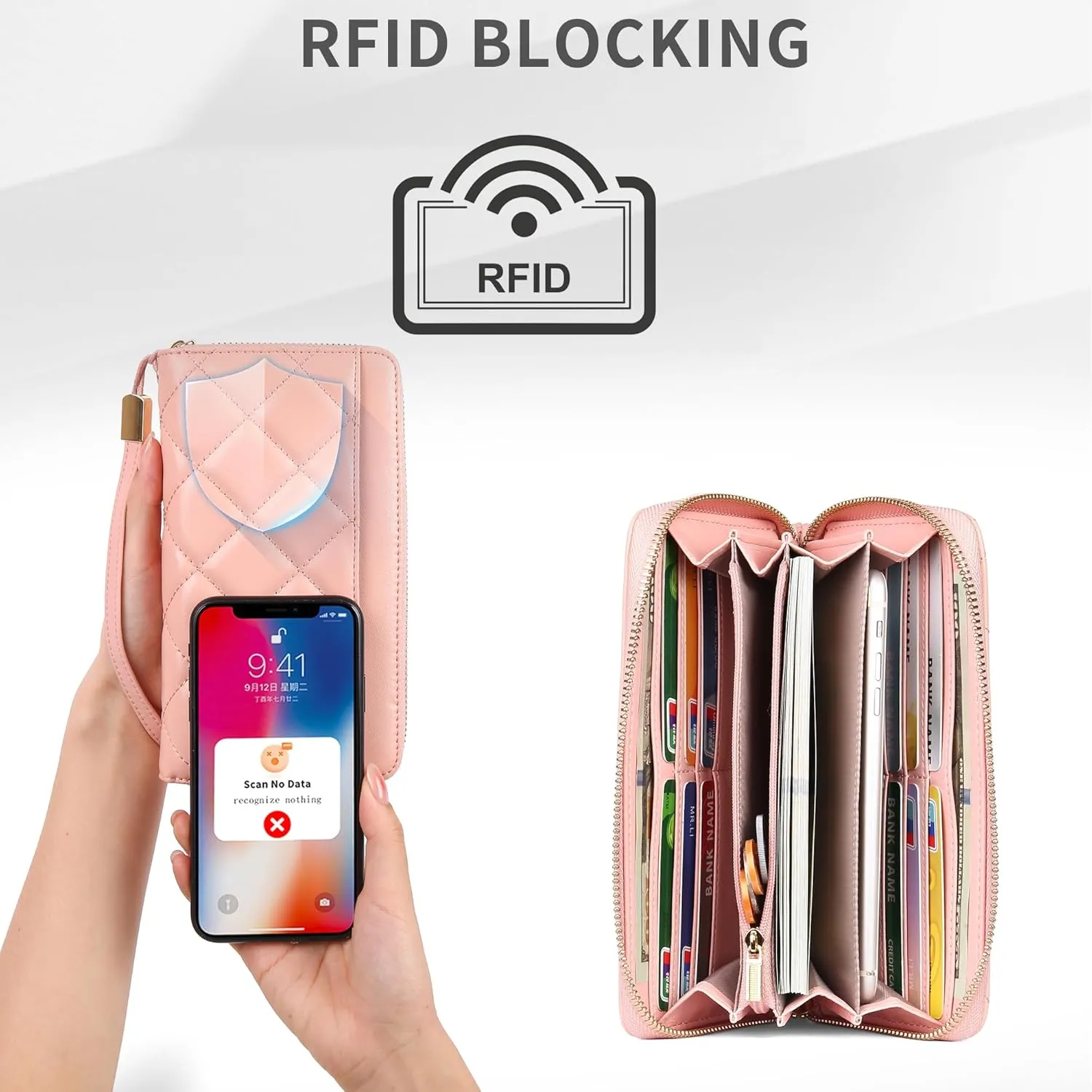 Women's Wallets Large Capacity RFID Blocking Multi Card Case Leather Clutch Wallet Mini Purse Ladies Credit Card Phone Holder Wristlet Wallet