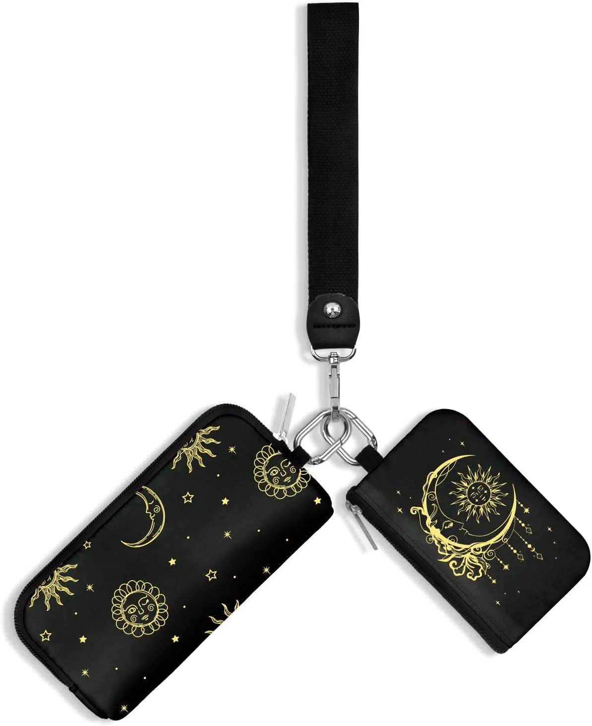 Wristlet Wallets for Women KeyChain Wallet One Large One Small Dual Pouch Portable Women Coin Purse Black - Gold