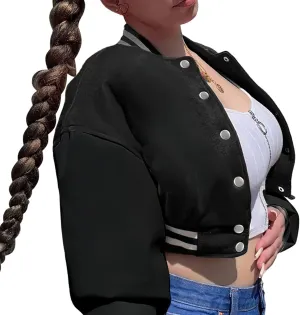 Xaspee Women's Casual Baseball Jacket Faux Leather Colorblock Button Crop Bomber Jacket