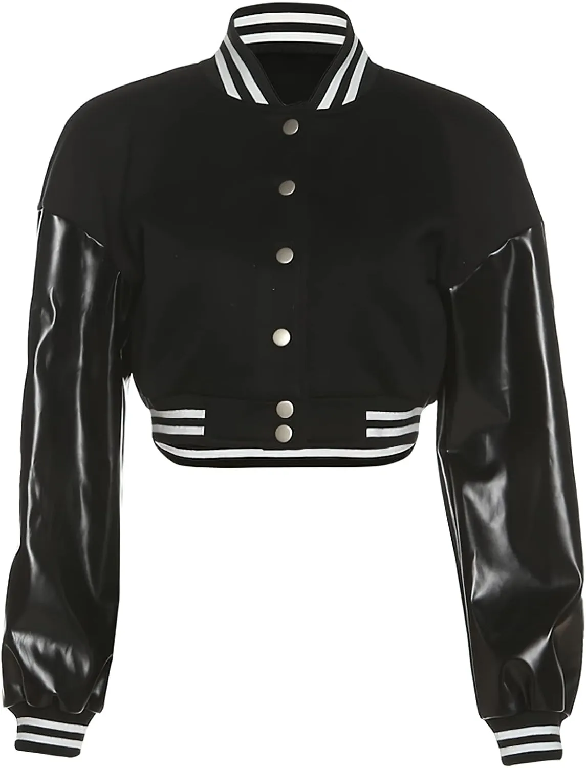 Xaspee Women's Casual Baseball Jacket Faux Leather Colorblock Button Crop Bomber Jacket