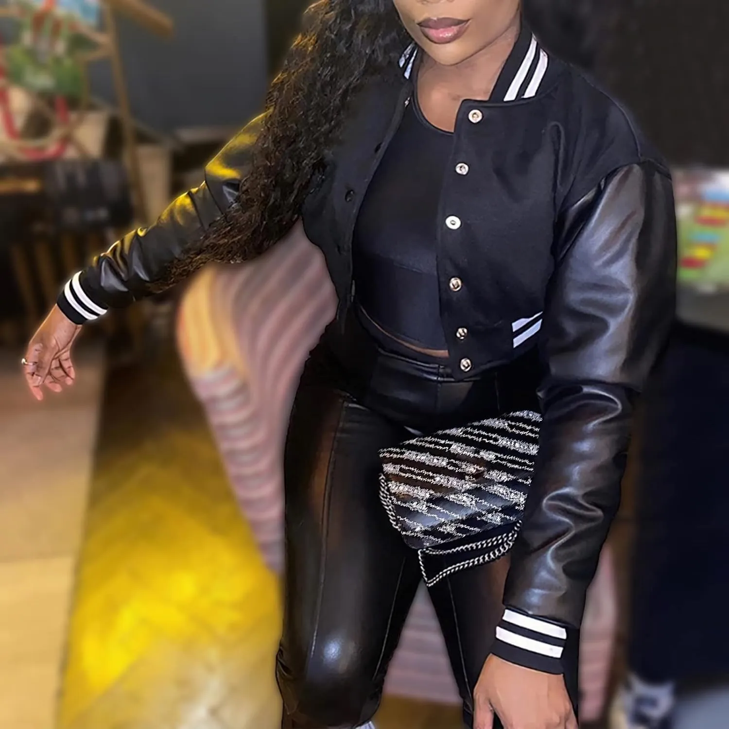 Xaspee Women's Casual Baseball Jacket Faux Leather Colorblock Button Crop Bomber Jacket