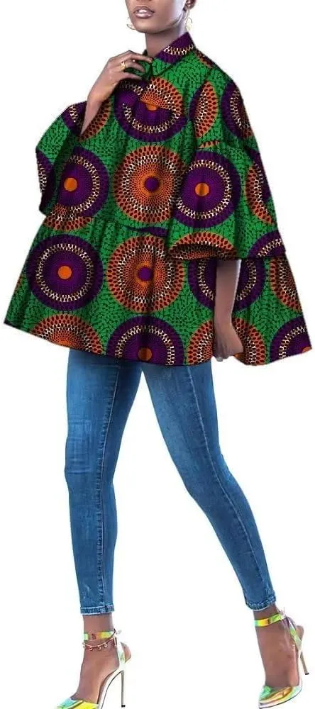 XIAOHUAGUA African Clothes for Women Casual Ankara Floral Print Ruffles Sleeve Loose Shirt Plus Size Mini Dress
