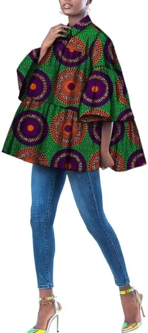 XIAOHUAGUA African Clothes for Women Casual Ankara Floral Print Ruffles Sleeve Loose Shirt Plus Size Mini Dress