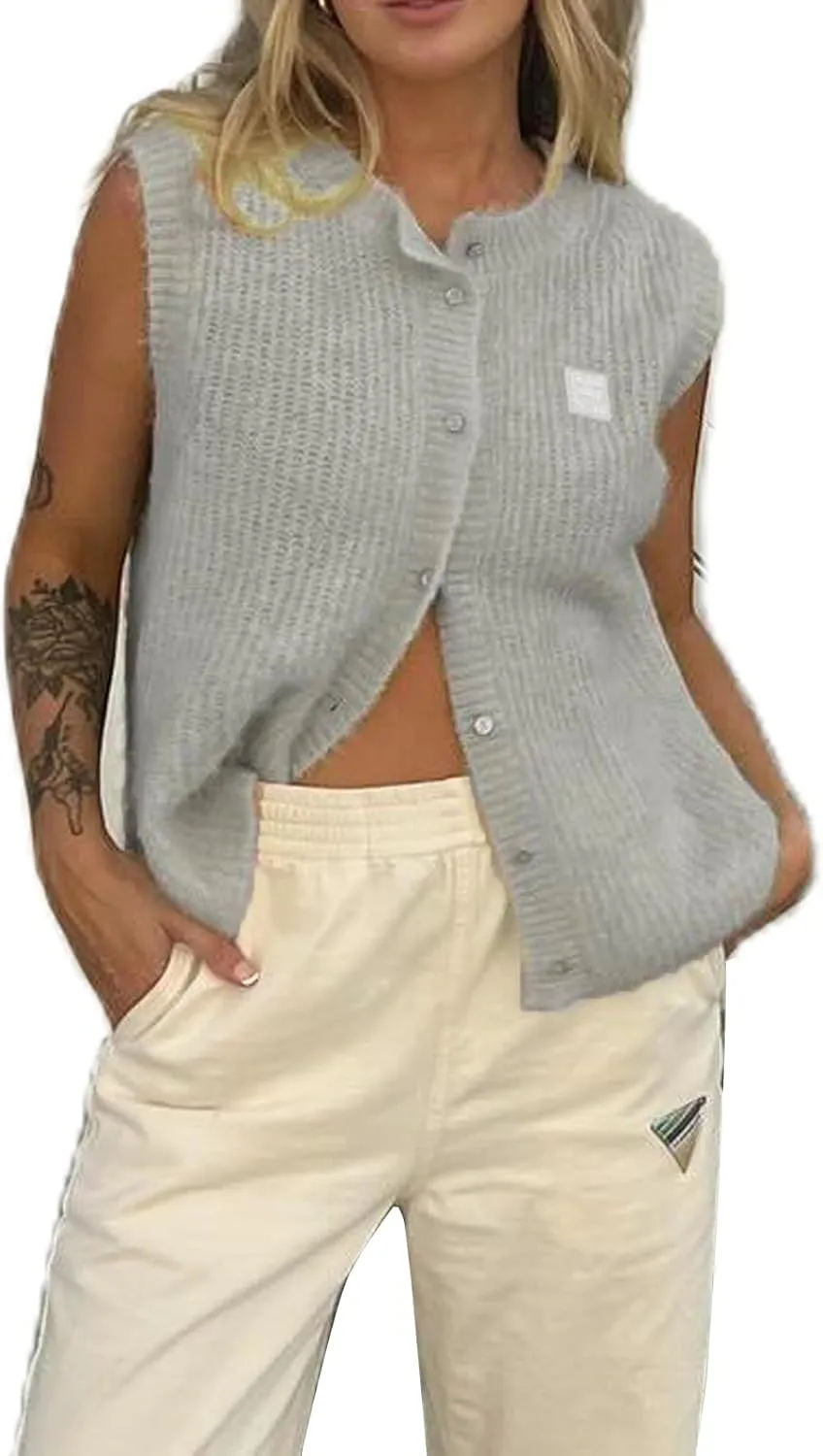 Y2k Girls Summer Knitted Vest Women Knitted Sweater Vest Sleeveless Button Down Ribbed Knit Cardigan Tank Top
